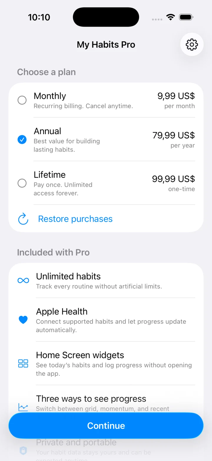 My Habits Pro plan options